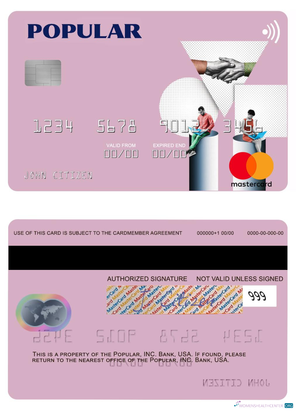 Download USA Popular, Inc. Bank mastercard Photoshop template
